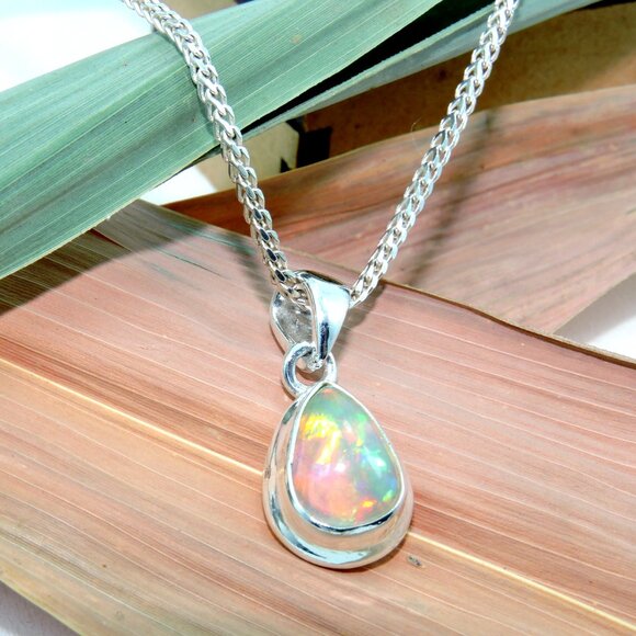 Opal Gemstone Sterling Silver Pendant With Adjustable Chain, Tiny Pendant - Picture 6 of 6